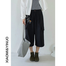 【欧凡】毛呢工装风宽松直筒裤休闲裤(配小马挂件)高腰七分裤3238