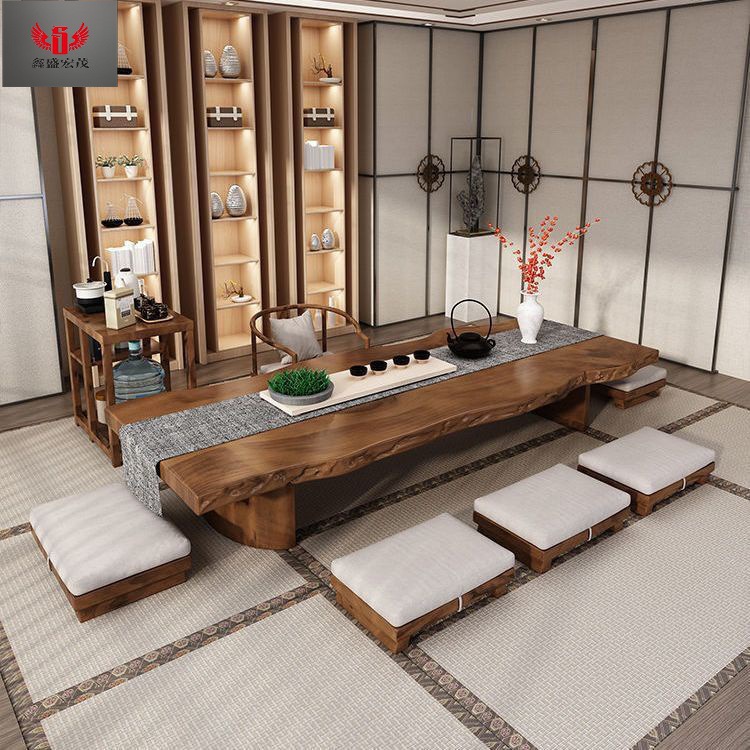 Mesa y silla de té de tatami de madera sólida combinación de tabla de té de madera de tronco, mesa de té Zen, mesa larga, mesa baja, balcón, nuevo medio image 3