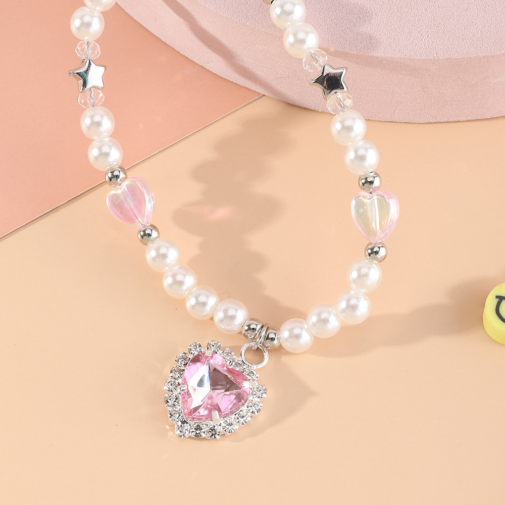 Fashion Pink Diamond Heart Pendant Star Pearl Beaded Clavicle Chain Necklace
