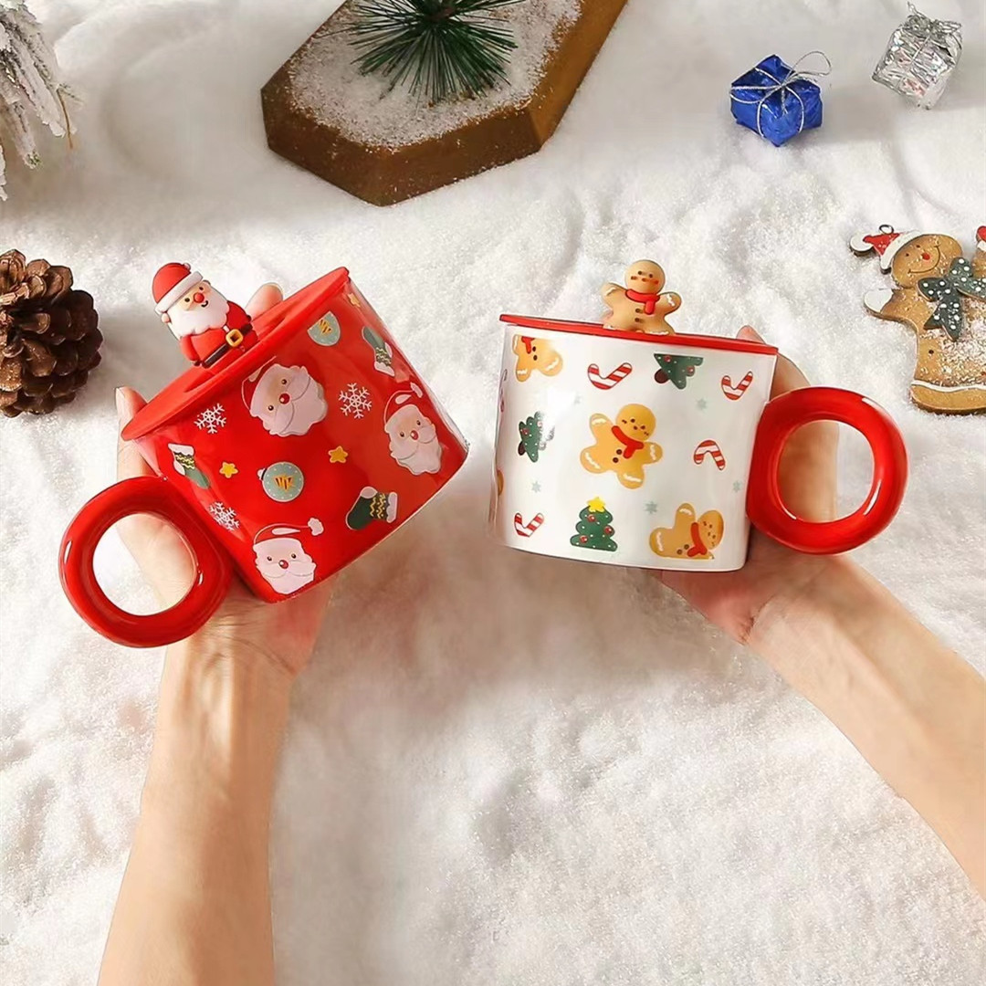 圣诞陶瓷杯礼物杯子可爱陶瓷杯情侣对杯马克杯带盖创意喝水杯