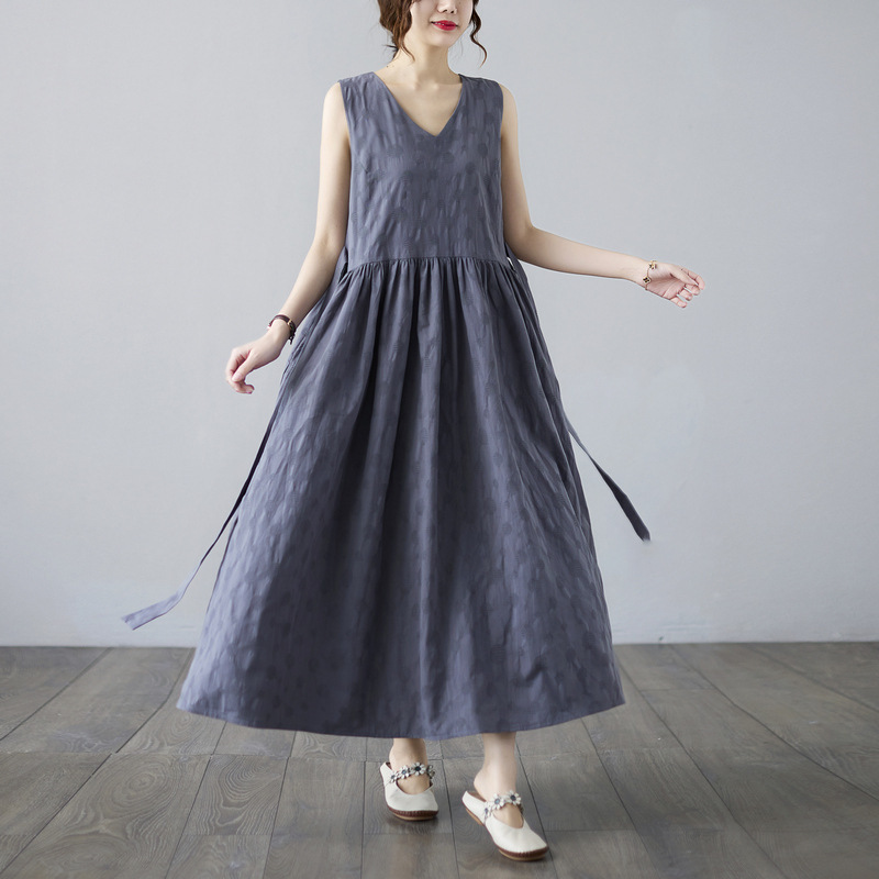 Real Shot Summer New Korean Style Elegant Slimming Linen Jacquard plus size Plus Long Collar Sleeveless dress