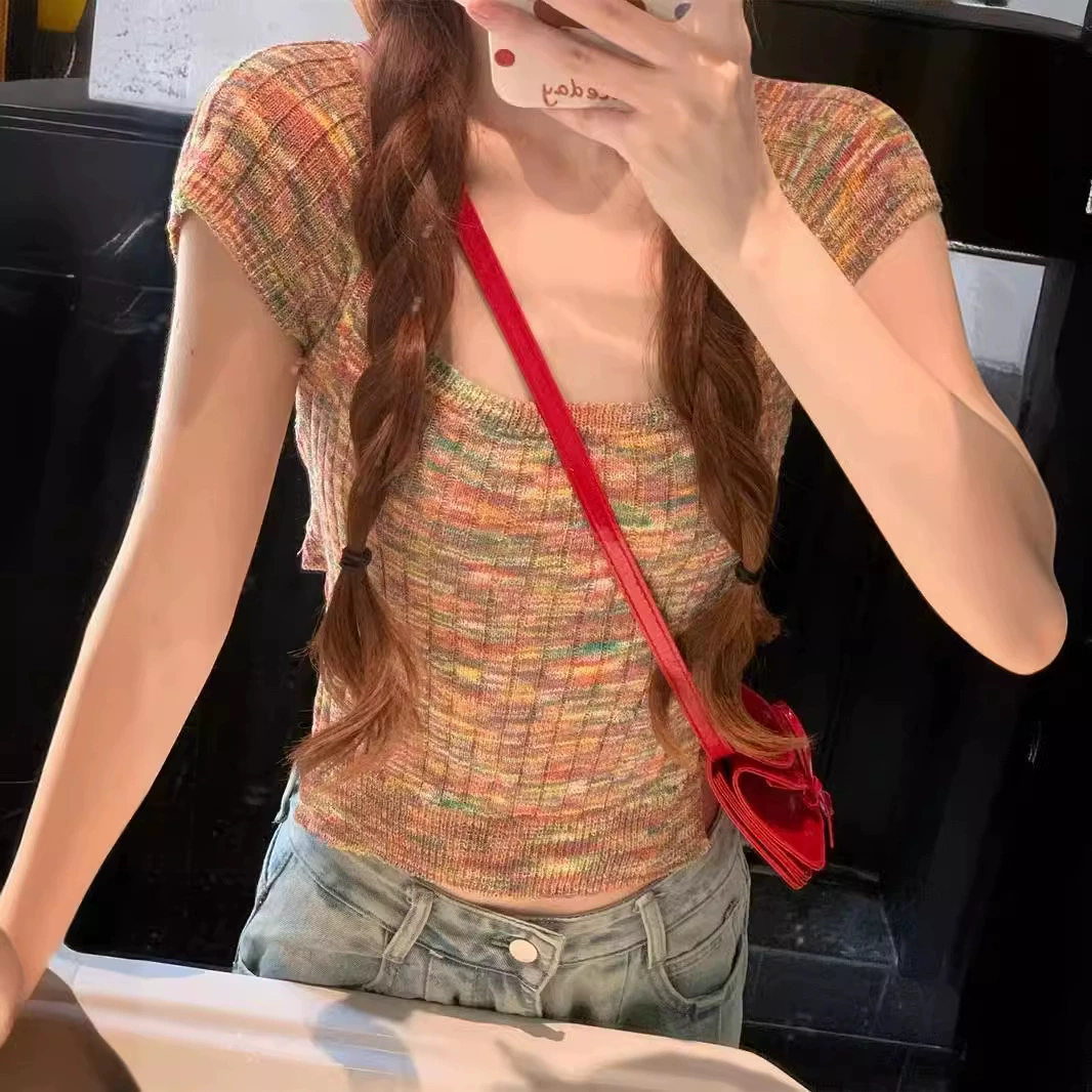 2024 Летний новый вязаный свитер женский тонкий горячий воротник с квадратным воротником на спине шнуровка с коротким рукавом U воротник тонкая футболка женский