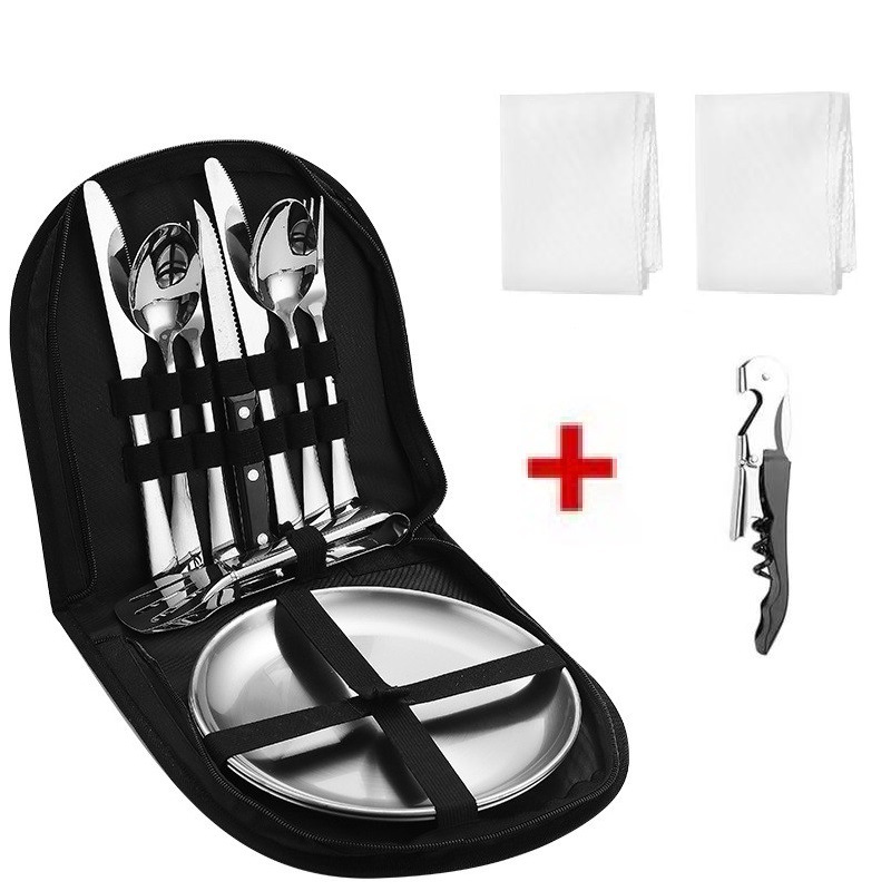 Fabricante transfronterizo Juego de vajilla al aire libre de acero inoxidable Camping Picnics Cuchillo tenedor Cuchara Juego de plato Comida portátil al aire libre