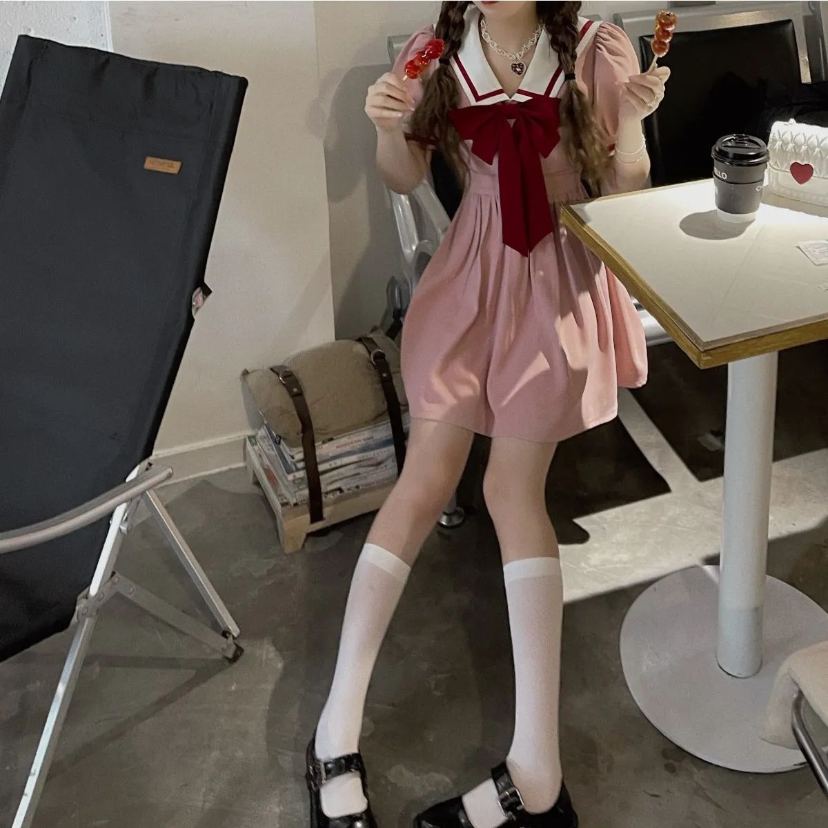 (2개) 퍼프 슬리브 달콤한 소녀의 꽉 허리 슬리밍 핑크 해군 칼라 원피스 큰 활 높은 허리 우산 스커트