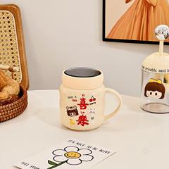 国潮祝福語陶磁器カップ蓋付き家庭用マグカップアニメかわいい鏡面カップ結婚お土産カップ