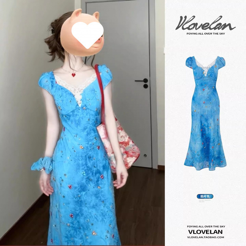 Capri Blue French Seaside Resort Style Design Niche Slim Lace Splicing Short-Sleeved Dress for Women Summer