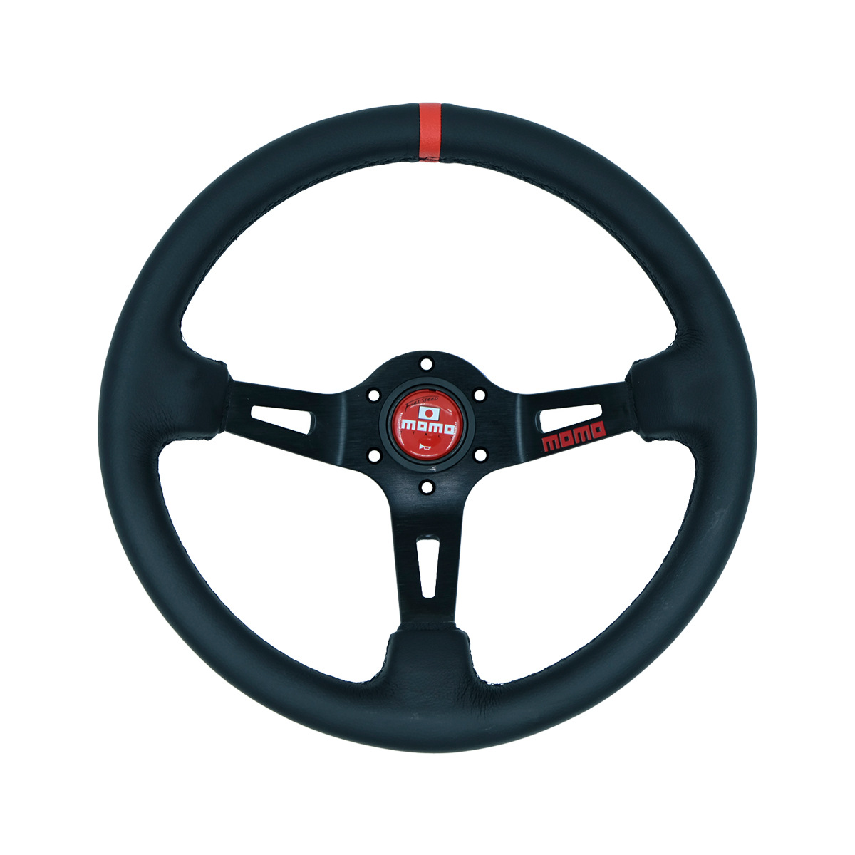 Universal – 14-inch MOMO Modified Steering wheel - genuine-leather-red-ring-black-stitching
