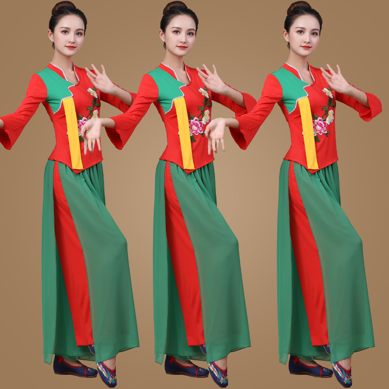 春夏廣場舞服裝新款套裝古典雪紡秧歌扇子傘舞表演演出舞蹈服裝女