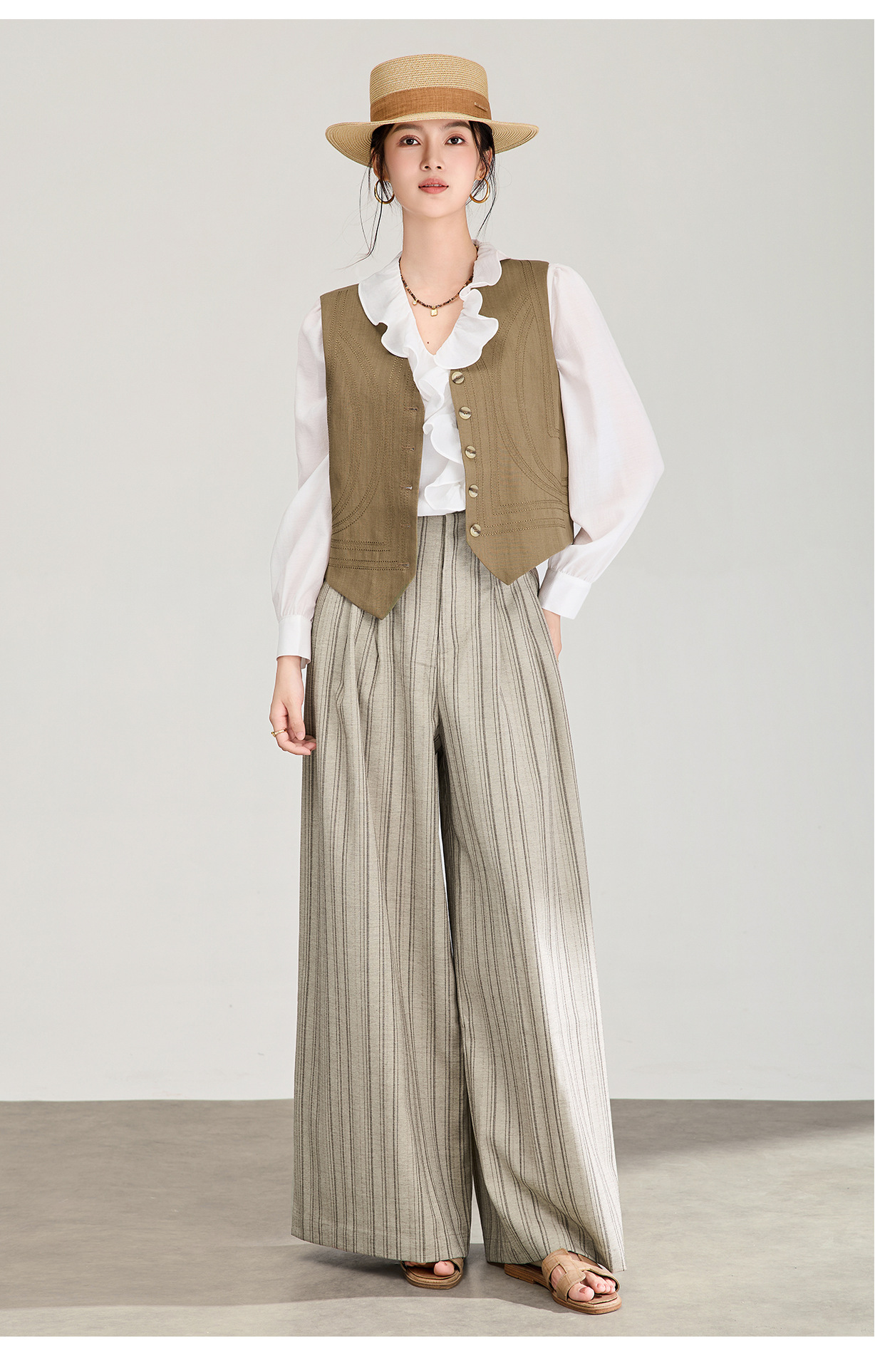 Quần culottes nữ ống rộng sọc kẻ dọc chất liệu tencel cao cấp phong cách công sở — màu kaki chi tiết 17