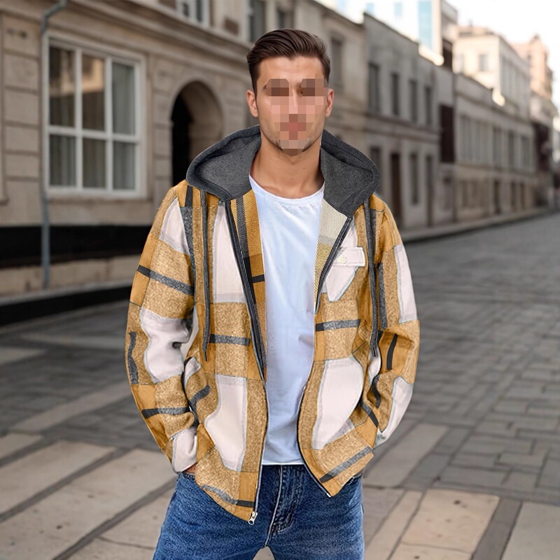 Jacket Amazon's Best-Selling European and American Size Men's Flannel Woolen Jacket Zip-Up Hoodie Warm Hooded Coat