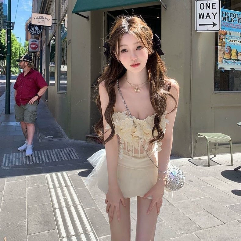 2250 Сексуальная горячая девушка с имитацией рыбьей кости, сетчатый слегка прозрачный трехмерный цветочный топ, жилет-труба, супер сказочный сетчатый жилет для женщин