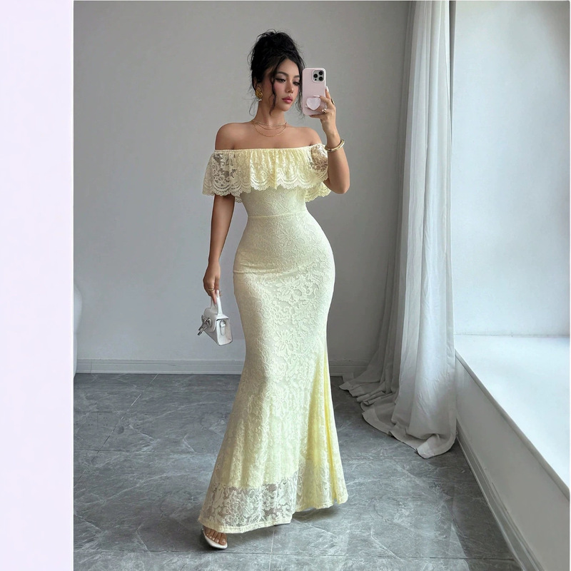 Cross-border one-shoulder lace fishtail evening dress for women, ruffled off-shoulder slim-fit bodycon long dress Cross-border one-shoulder lace fishtail evening dress for women, ruffled off-shoulder slim-fit bodycon long dress