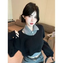 学院风Polo领毛衣女秋冬针织衫短款上衣叠穿吊带背心两件套百搭