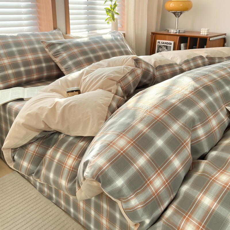 Juego de cuatro piezas de algodón lavado teñido en hilo para estudiantes 2025 nuevo juego de sábanas de edredón de dormitorio de estudiantes de tres piezas