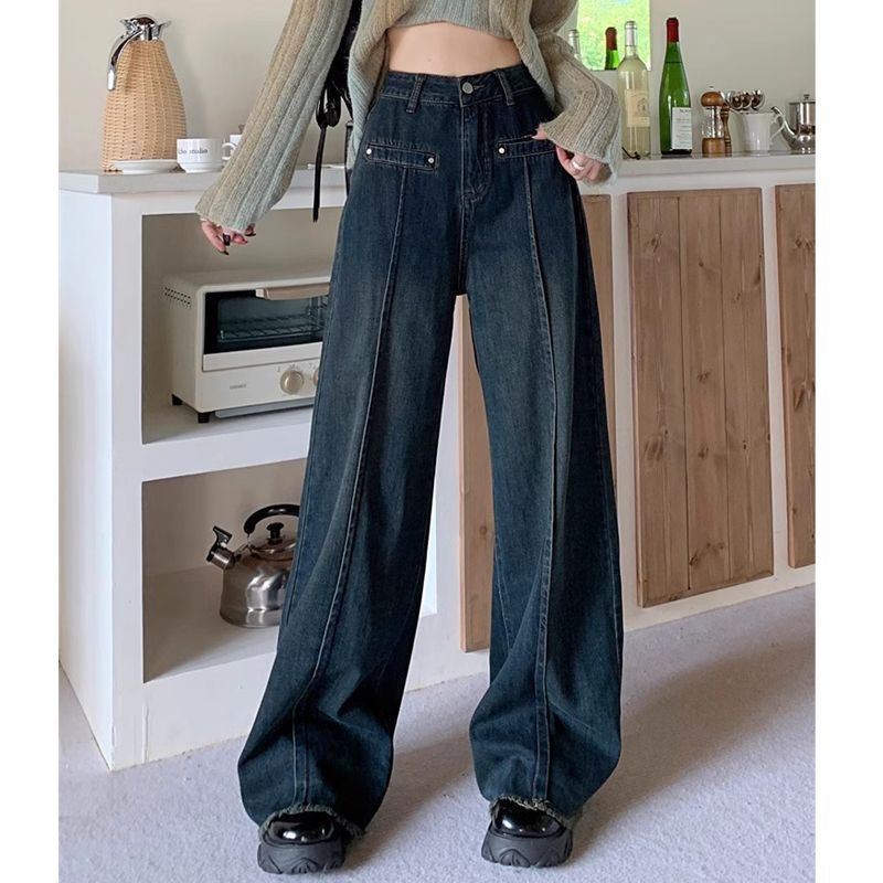 新款拖地裤高腰设计感2025春秋美式直筒宽松阔腿复古牛仔裤女显瘦|undefined