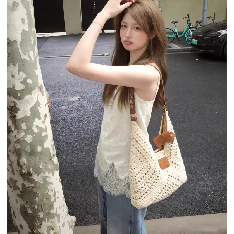 New Fashionable Cotton Rope Straw Bag, Summer Beach Handbag, Drawstring Woven Bag, Single-Shoulder Large-Capacity Crossbody Bag New Fashionable Cotton Rope Straw Bag, Summer Beach Handbag, Drawstring Woven Bag, Single-Shoulder Large-Capacity Crossbody Bag