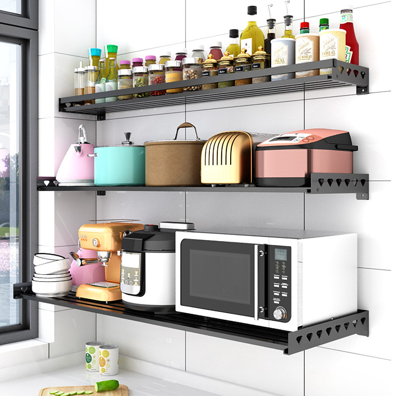 Estante de horno de microondas de acero inoxidable negro montado en la pared estante de almacenamiento de cocina sin perforaciones horno cocina de arroz soporte estante de almacenamiento