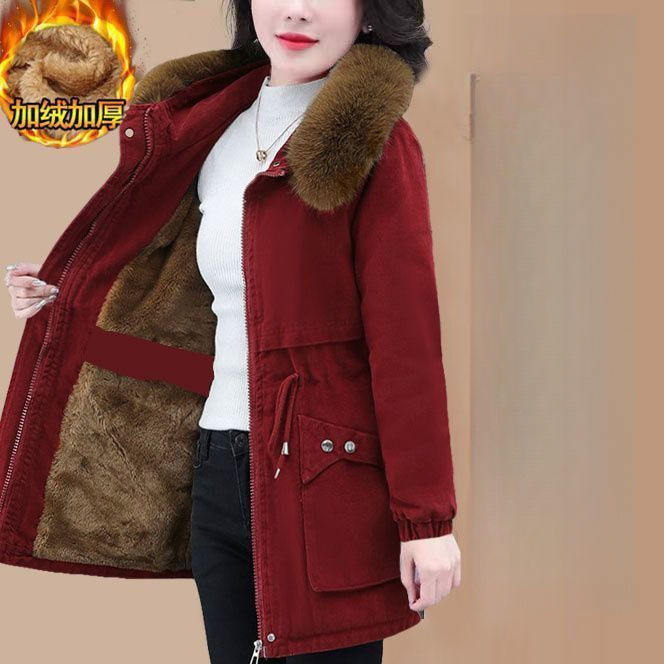 Winter Fleece-Lined Thick Parka Mid-Length Cotton Coat for Women, Loose Cotton Jacket with Lamb Wool, Cross-Border