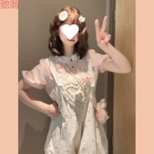 H8A套装/单件日系甜美风可爱爱心大蝴蝶结背带牛仔裤女初夏粉色衬