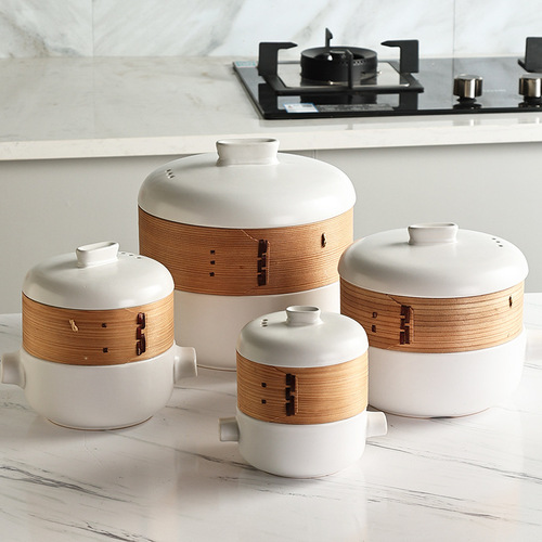 Japanese steamed pot with steam rack soup pot stew pot bamboo multi-layer hotel household ceramic pot steamer size large and small