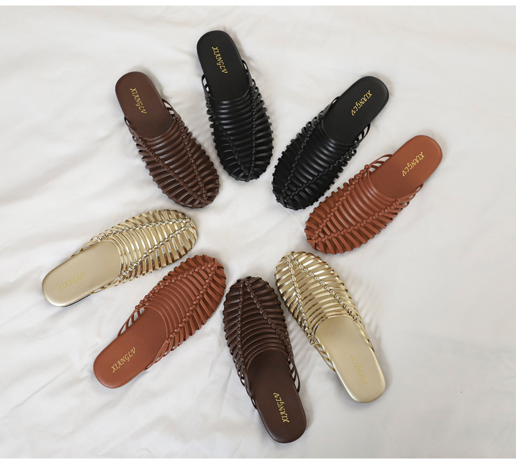 Hand-woven Open-toe Hollow Flat Mule Sandals For Summer Outdoor Wear, Lazy Slip-on Women's Shoes_vogvips.com