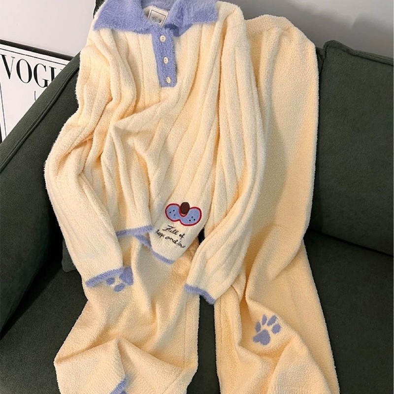 y新款日系简约半边绒睡衣女冬款加绒加厚保暖家居服套装可外穿|undefined