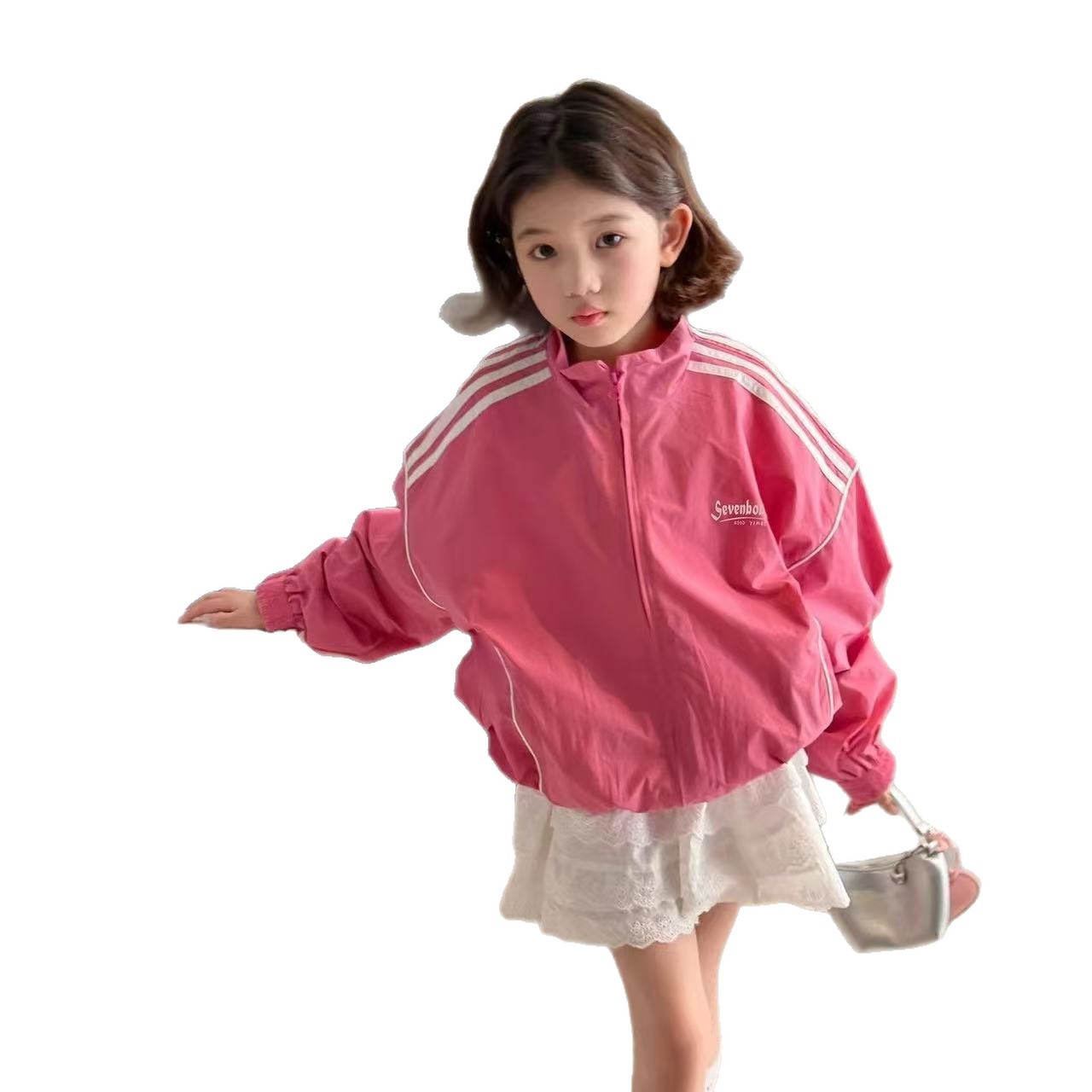 Chaqueta deportiva americana para niñas, ropa de primavera, nueva chaqueta de cuello vertical a rayas para niños, rosa, chaqueta casual para niños, moda