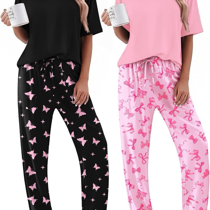 Ekouaer 2-Piece Women's Pajama Set Short-Sleeved Top and Long Pants Casual Comfortable Sleepwear Casual Set Ekouaer 2-Piece Women's Pajama Set Short-Sleeved Top and Long Pants Casual Comfortable Sleepwear Casual Set
