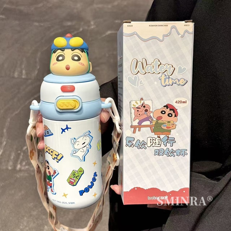 蜡笔小新儿童保温杯男女孩316不锈钢带吸管幼儿园可斜挎双饮水壶|undefined