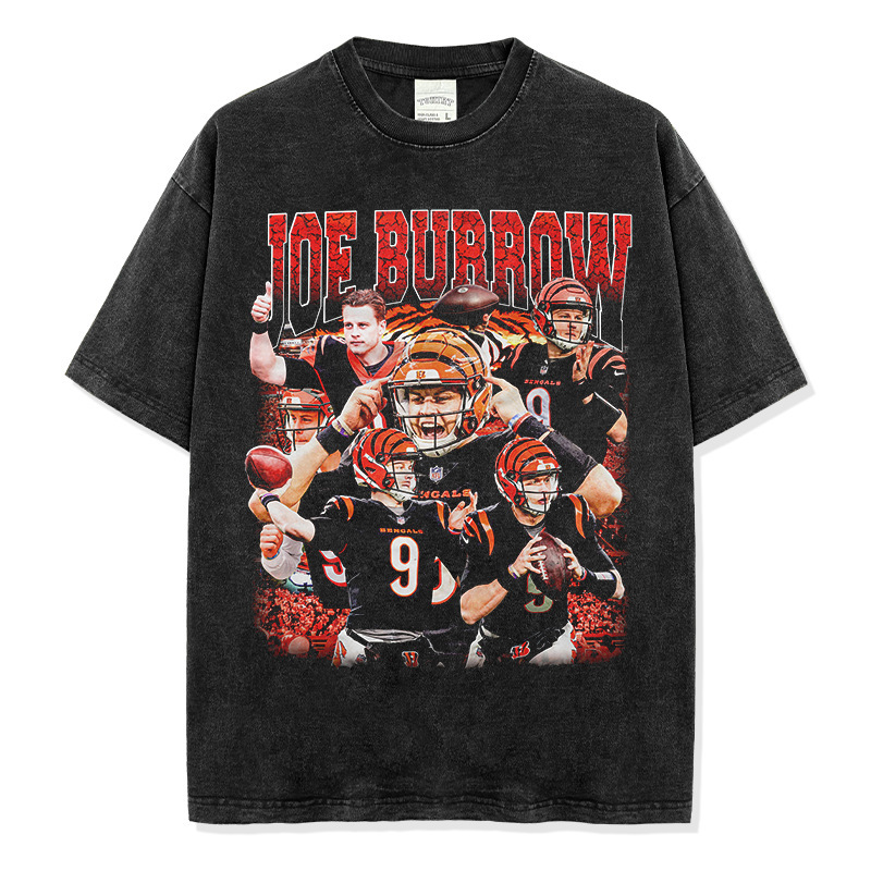 Cross-Border American Vintage Joe Burrow Joe Burrow Rugby Printed Short-Sleeved T-Shirt Washed Heavy Cotton T