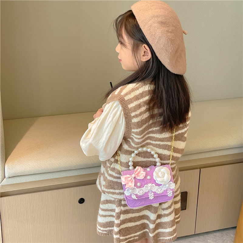 Bolso de princesa de las niñas al por mayor estilo coreano perla bolso peludo estilo Chanel hombro mensajero bolsa accesorios monedero