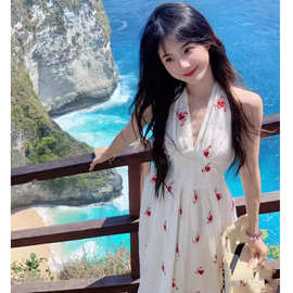 纯欲风法式A字收腰显瘦挂脖深v领连衣裙女高级感长款性感海边度假