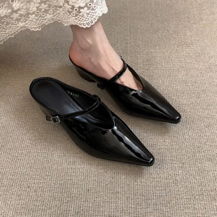 French-style Interior Height-raising Half Slippers Women's Patent Leather Point-toe Single-layer Shoes All-match V-top Slip-on Sandals with Buckle