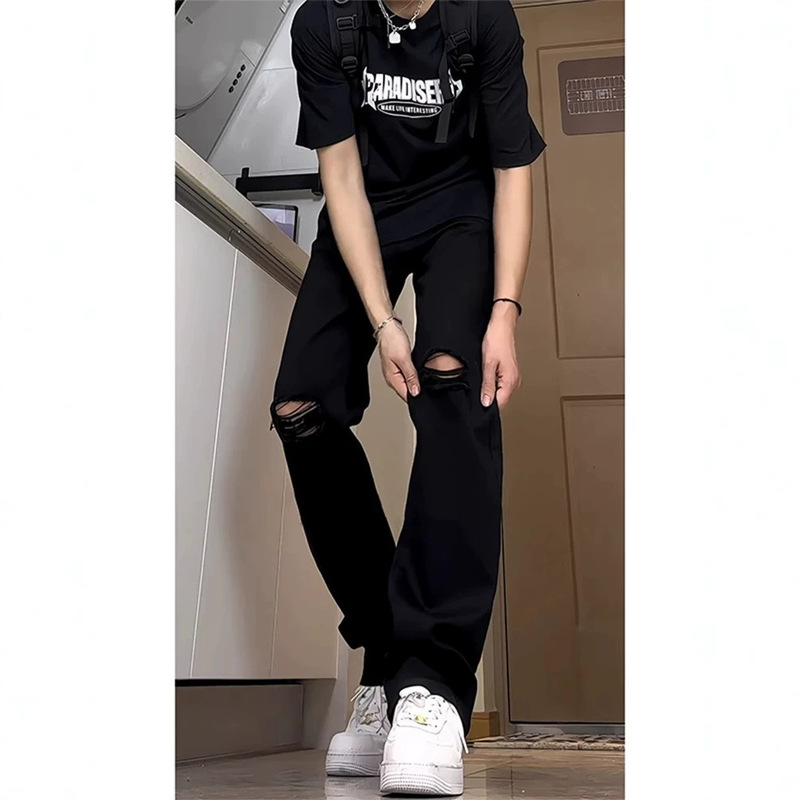 Cleanfit Black Soft Denim Jeans for Men, Summer Style, Trendy Brand, Ripped Pants, Slim Fit, Versatile Straight-Leg Long Pants