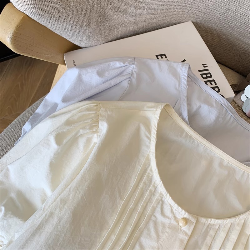 Áo sơ mi nữ tay bồng cổ tròn phong cách Hàn Quốc, dáng rộng xếp ly tôn dáng mùa hè — Màu xanh lam nhạt chi tiết 20