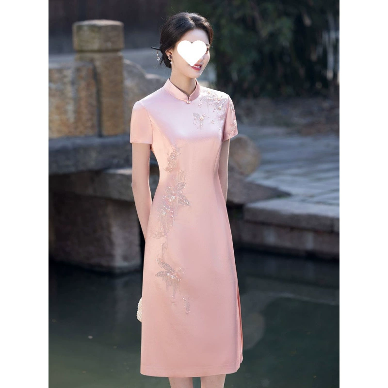 Винтажное летнее платье Cheongsam из высококачественного ацетата для молодых девушек с тяжелой вышивкой и бисером, китайское обручальное банкетное платье.