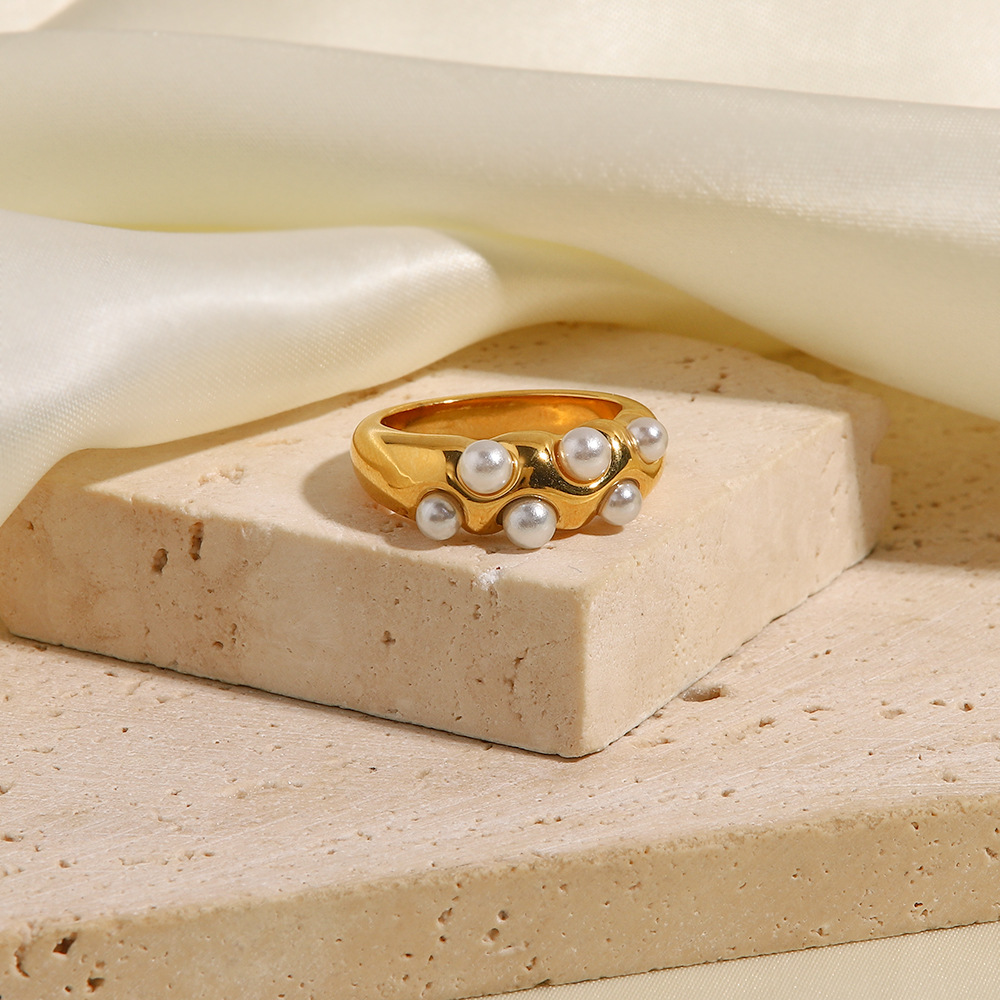 Fashion Geometric Titanium Steel Inlay Artificial Pearls Rings 1 Piece