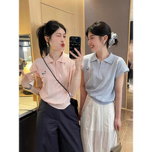 polo领短袖t恤女夏新款韩系翻领冰丝针织衫短款半拉链设计感上衣