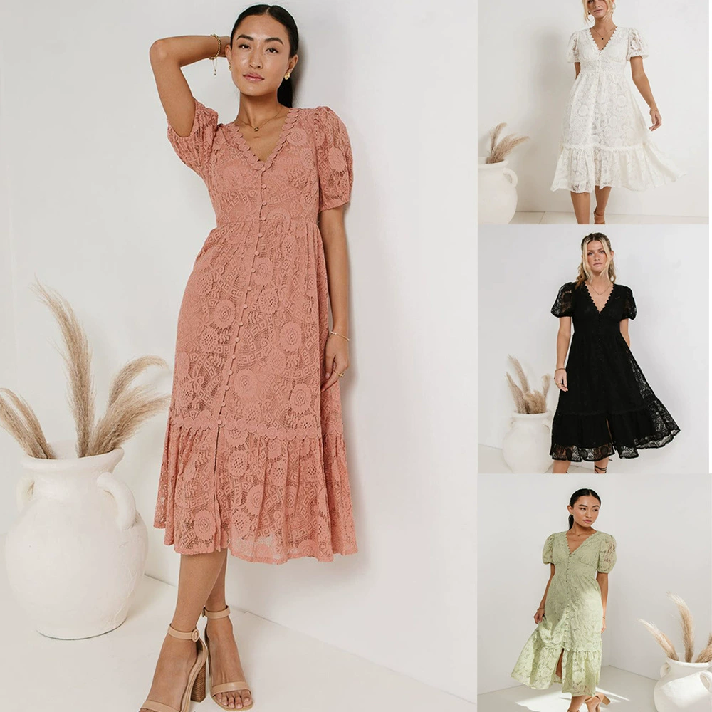 Европейское и американское кружевное платье Amazon 2025 года, новое, с V-образным вырезом, короткими рукавами, вырезом, однобортное, с завышенной талией, длинная юбка с V-образным вырезом