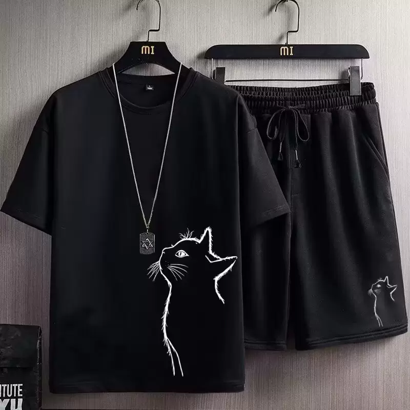 韩版休闲套装男2024年夏季新款运动短袖T恤短裤搭配帅气一套衣服