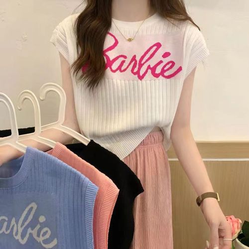 Summer new short style internet celebrity letter top sweater design round neck letter jacquard loose sleeveless top