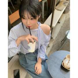 已出货尺码更新韩国chic早春新款法式斜边系带气质露肩长袖衬衫