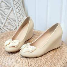 甜美坡跟内增高单鞋蝴蝶结2025年春秋季新款浅口圆头休闲百搭单鞋