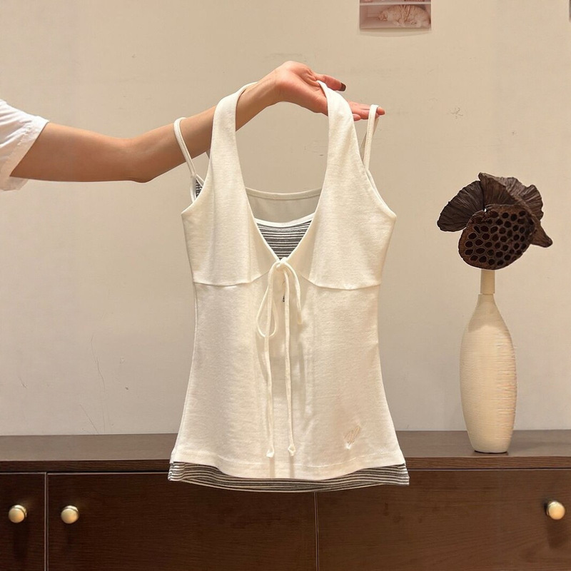【260G Rayon Modal】Hot Girl Style Halter Neck Striped Color-Blocking Faux Two-Piece Camisole Women's Summer Top
