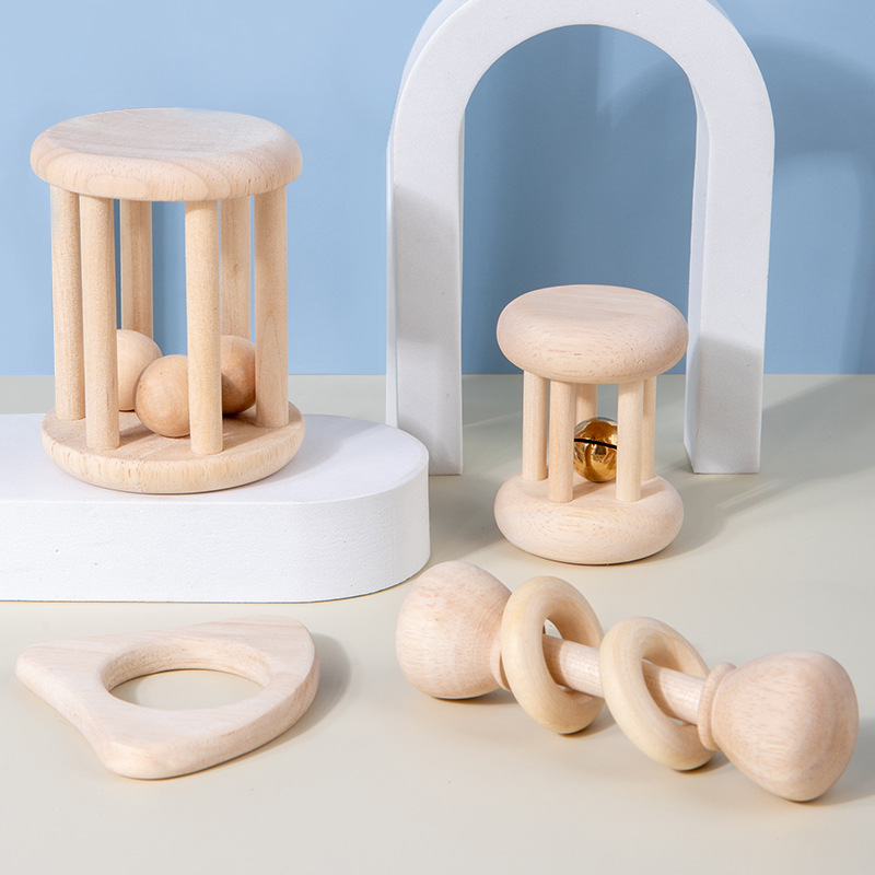 Bebés de madera con timbres de madera de mano set 0.18 educación temprana agarrar sonido calmante set de juguetes de cuatro partes