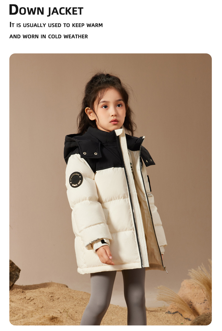Premium Kids Down Jacket Winter Coat With 90% White Duck Down, Detachable Hood, Mid-Length Thickened Puffer Coat For Boys & Girls_voghion.com