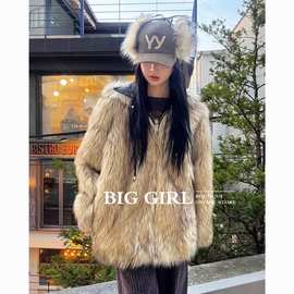 返 区别市场！ yy 仿皮草两面穿连帽大衣 中长款 男女同款