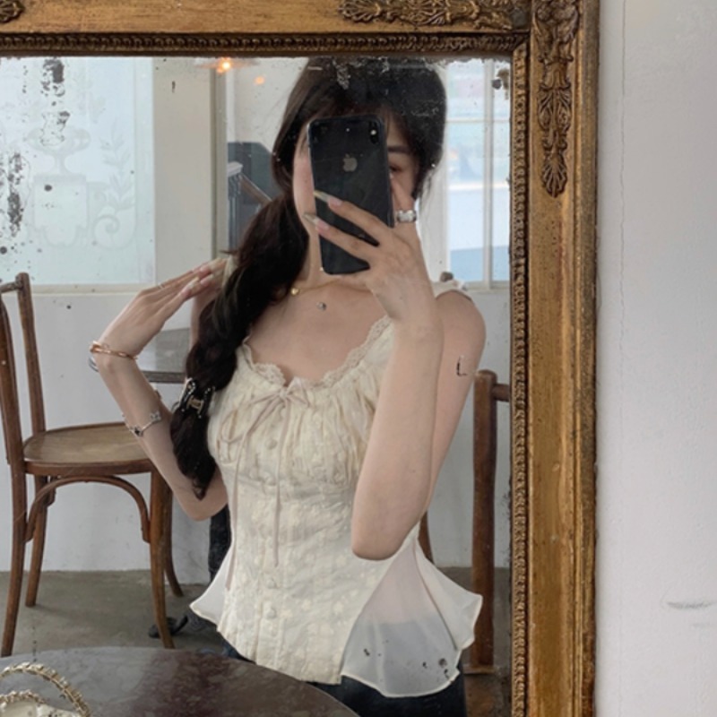 清纯小白花 蕾丝收腰无袖上衣显瘦花边纯欲风甜妹背心女|undefined