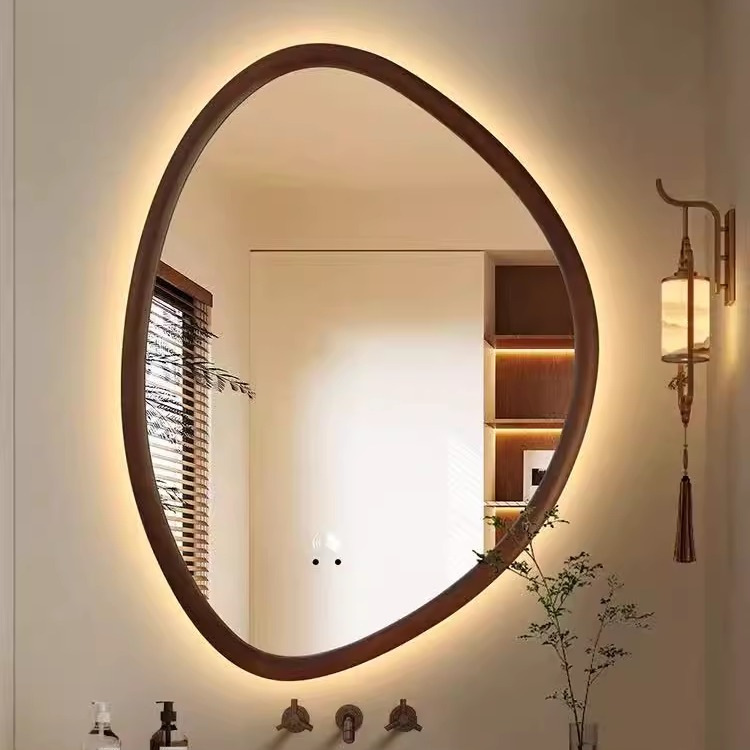 French Retro Irregular Mid-Century Style Bathroom Mirror Bathroom Mirror Wall-Mounted Mirror Washbasin Solid Wood Frame