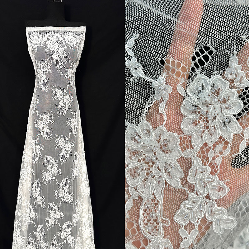Tejido de encaje bordado de hueso de posicionamiento flor tejido de encaje hueco de 3 metros de largo vestido de boda vestido de pez tela de falda image 3
